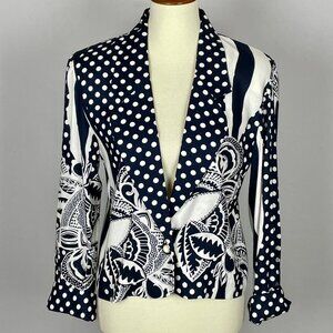 Vtg 80s Jo Hardin Flip Cuff Blazer Sz 8 Navy White Polka Dot Floral Graphic Bold
